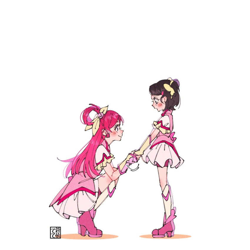 2girls artist_logo black_hair blush boots commentary_request cosplay cure_dream cure_dream_(cosplay) earrings eyelashes hair_ornament hair_rings hairclip happy high_heel_boots high_heels highres jewelry long_hair looking_at_another magical_girl multiple_girls pink_eyes pink_hair precure skirt smile standing tete_a vest yes!_precure_5 yes!_precure_5_gogo! yumehara_nozomi