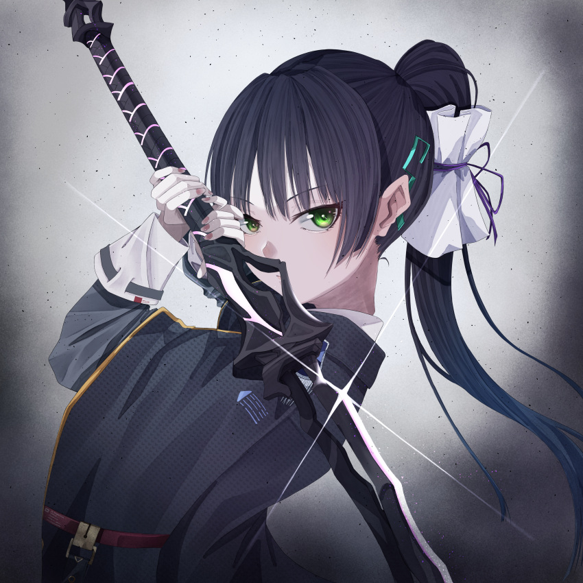 1girl absurdres black_hair cape green_eyes heaven_burns_red highres holding holding_sword holding_weapon kalin_note long_hair long_sleeves looking_at_viewer natsume_inori ponytail red_nails solo sword weapon