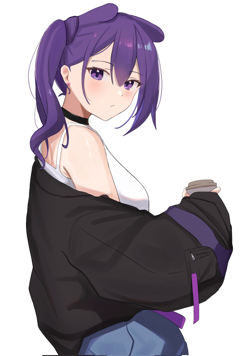 1girl baggy_clothes bare_shoulders black_choker black_jacket blush breasts choker closed_mouth coffee_cup commentary cup disposable_cup earrings from_side hair_between_eyes highres holding holding_cup hololive hololive_english jacket jewelry koupi_(ku_roiko) ku_roiko long_hair looking_at_viewer medium_breasts off_shoulder puffy_sleeves purple_hair shirt sidelocks simple_background solo takodachi_(ninomae_ina'nis) violet_eyes white_background white_shirt