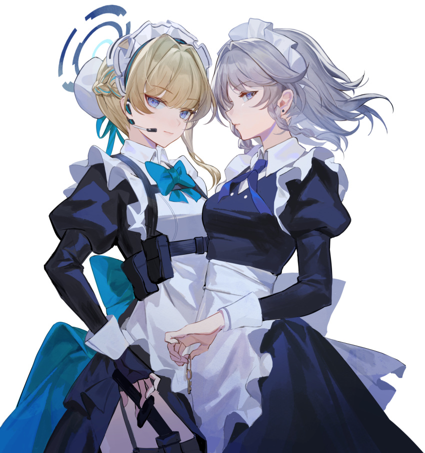 2girls apron blonde_hair blue_archive blue_bow blue_bowtie blue_dress blue_eyes bow bowtie braid breasts bun_cover cowboy_shot dress grey_hair hair_bun hair_intakes halo headset highres holding holding_key izayoi_sakuya juliet_sleeves key long_sleeves looking_at_viewer maid maid_headdress multiple_girls puffy_sleeves reeh_(yukuri130) revision short_hair simple_background small_breasts standing toki_(blue_archive) touhou twin_braids waist_apron white_apron white_background