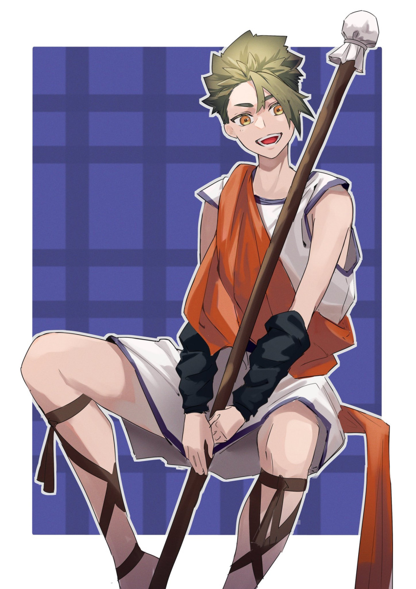 1boy achilles_(fate) aged_down arm_warmers arms_between_legs black_arm_warmers border fate/grand_order fate_(series) feet_out_of_frame green_hair haruakira highres invisible_chair looking_at_viewer male_focus open_mouth orange_sash plaid plaid_background sandals sash sitting solo staff undercut white_border white_tunic yellow_eyes
