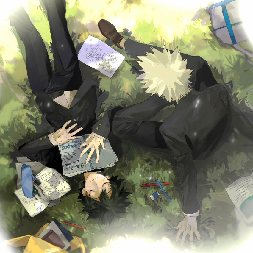 2boys absurdres aged_down backpack bag bag_removed bakugou_katsuki black_jacket black_pants blonde_hair blurry blurry_foreground boku_no_hero_academia brown_footwear buttons chinese_commentary closed_eyes commentary_request drawing dress_shoes eraser feet_out_of_frame freckles from_above gakuran green_hair hair_between_eyes hand_on_ground hands_up highres jacket knee_up leaning_forward long_sleeves lying male_focus marker midoriya_izuku multiple_boys note notebook on_back on_grass on_ground open_bag outdoors outstretched_arms pants pao_jiao_yu_pao_jiao paper pen pencil pencil_case radar_chart school_uniform shadow shirt short_hair sitting sleeping smile sparkle spiky_hair split_mouth upside-down white_shirt yellow_bag