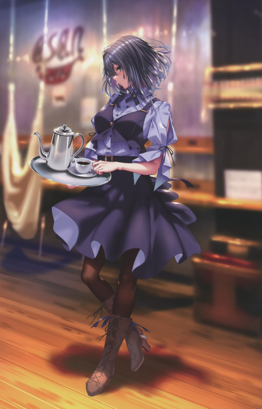 1girl absurdres boots breasts buttons chigami_hikage cross-laced_footwear cup full_body gold_trim hanikami_kanojo high_heel_boots high_heels highres indoors lace-up_boots medium_breasts pantyhose piromizu puffy_sleeves scan short_sleeves simple_background skirt solo teacup teapot tray