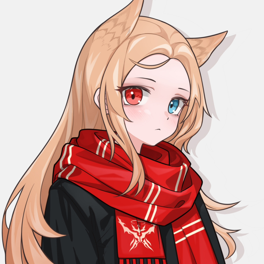 1girl animal_ears archetto_(arknights) arknights black_jacket blonde_hair blue_eyes drop_shadow heterochromia highres jacket jiuyu_qame laterano_logo long_hair looking_at_viewer red_eyes red_scarf scarf sidelocks simple_background solo white_background