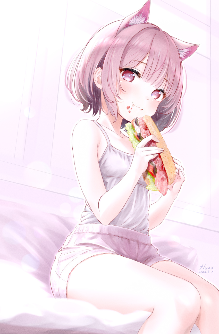 1girl absurdres animal_ears bare_arms bare_shoulders blush breasts cat_ears closed_mouth collarbone dated eating feet_out_of_frame fluno food food_on_face highres holding holding_food indoors looking_at_viewer original pink_eyes pink_hair pink_shorts sandwich shirt shirt_tucked_in short_hair shorts signature sitting small_breasts smile solo spaghetti_strap thighs white_shirt