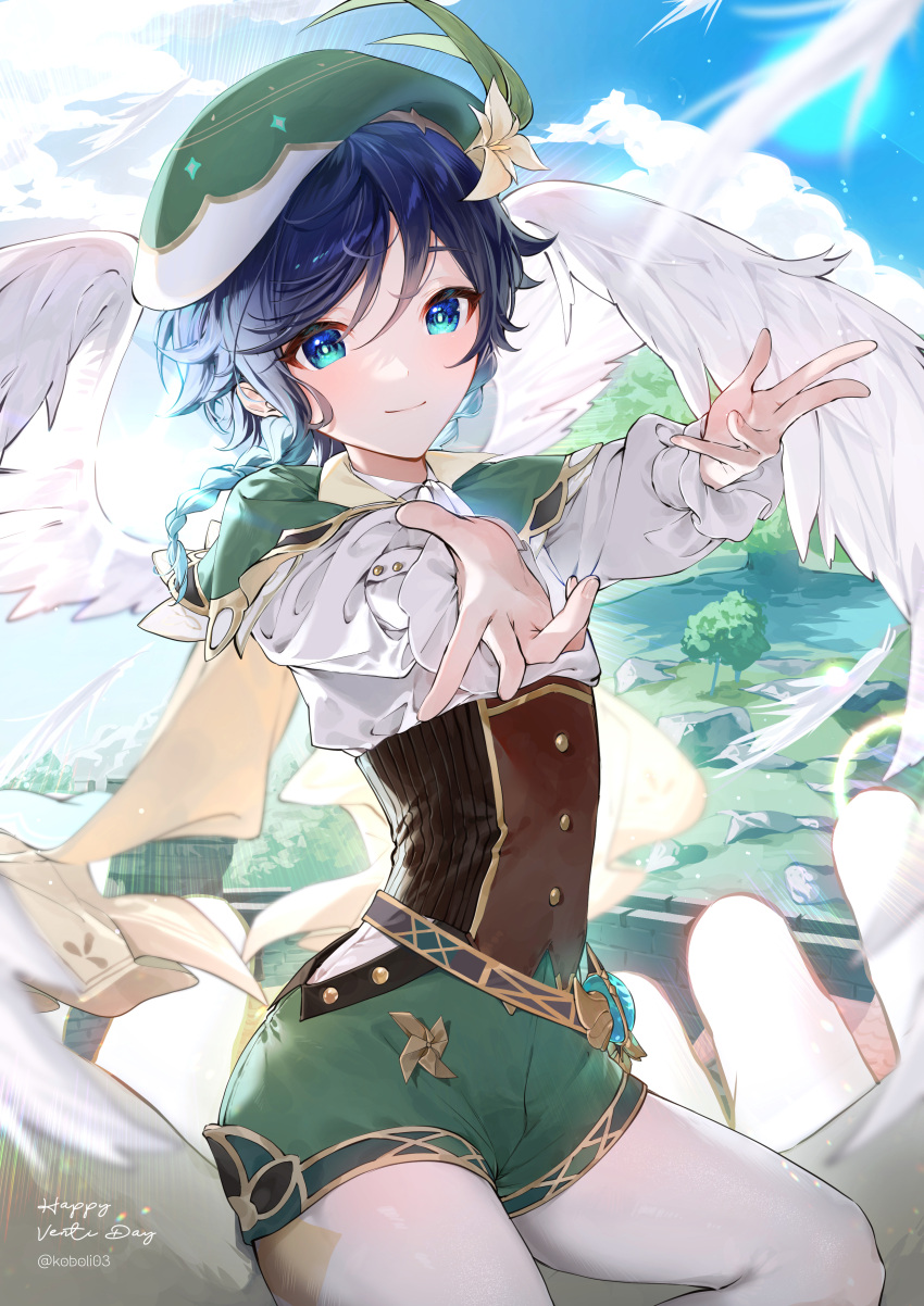 1boy absurdres belt black_hair blue_eyes blue_hair braid brown_corset cape collared_cape corset feathered_wings frilled_sleeves frills genshin_impact gradient_hair green_cape green_shorts highres juliet_sleeves kkopoli long_sleeves male_focus multicolored_hair pantyhose pinwheel puffy_sleeves shirt short_hair_with_long_locks shorts sitting solo twin_braids venti_(genshin_impact) vision_(genshin_impact) white_pantyhose white_shirt white_wings wings