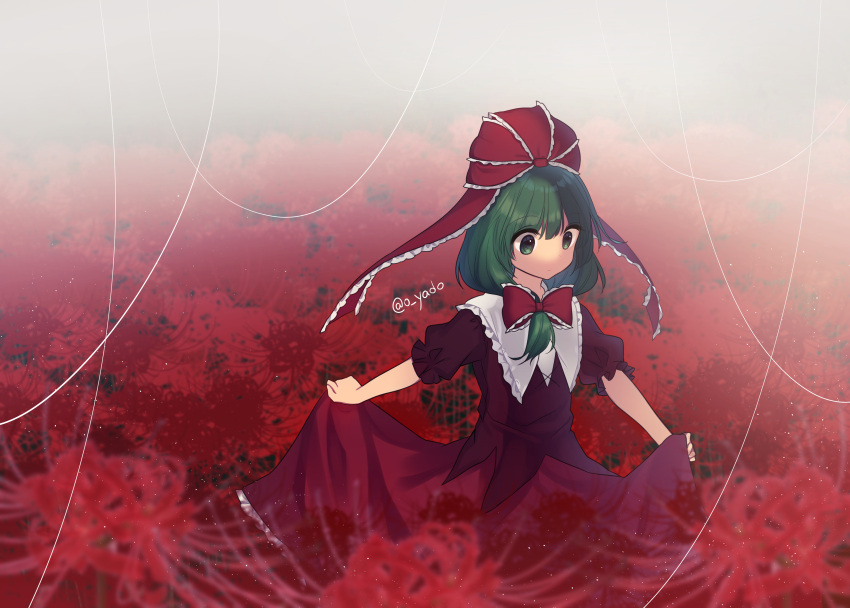 1girl absurdres bow clothes_lift dress flower fog frilled_bow frilled_ribbon frills front_ponytail green_hair hair_bow hair_ribbon highres kagiyama_hina lifted_by_self outdoors puffy_short_sleeves puffy_sleeves red_dress ribbon short_sleeves skirt skirt_lift solo spider_lily touhou twitter_username yadoyuki