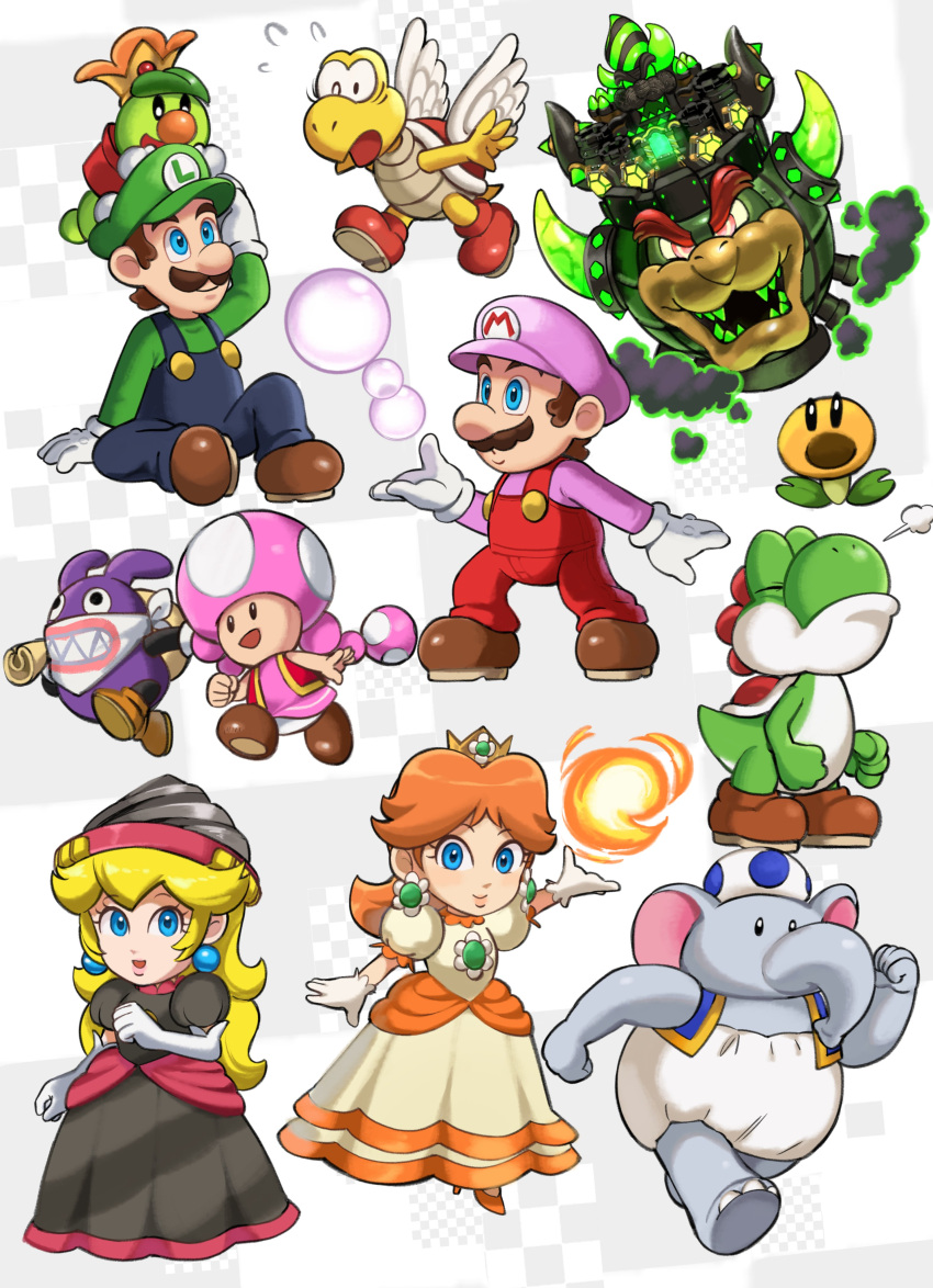 3boys 5boys absurdres black_dress blonde_hair blue_eyes blue_overalls blue_toad_(mario) boots bowser brothers brown_footwear brown_hair bubble bubble_mario castle chibi crown dinosaur dress drill drill_peach earrings elbow_gloves elephant elephant_blue_toad_(mario) facial_hair fire fire_daisy fireball flower_brooch flower_earrings gloves green_shirt grin hat highres horns jewelry koopa_paratroopa long_hair looking_at_viewer luigi mario multiple_boys mustache nabbit open_mouth orange_hair overalls pink_headwear pink_shirt power-up prince_florian princess_daisy princess_peach puffy_short_sleeves puffy_sleeves red_overalls running sasaki_sakiko shell shirt short_hair short_sleeves siblings smile sphere_earrings super_mario_bros. super_mario_bros._wonder talking_flower_(mario) toad_(mario) toadette white_gloves wings yoshi