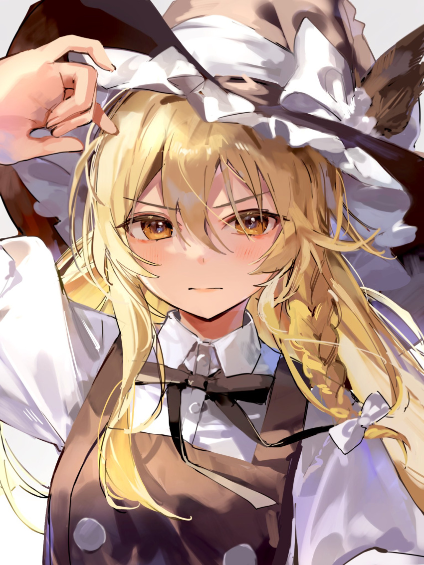 1girl ame929 black_headwear black_vest blonde_hair blush bow braid closed_mouth collared_shirt hair_between_eyes hat hat_bow highres kirisame_marisa long_hair looking_at_viewer shirt short_sleeves simple_background single_braid solo touhou upper_body vest white_background white_bow white_shirt witch_hat yellow_eyes