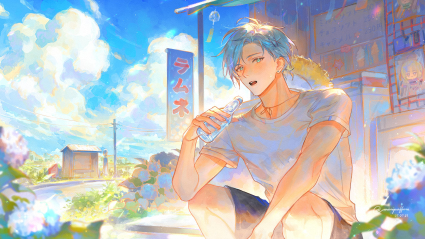 1boy absurdres bishounen blue_hair blue_shorts blue_sky blush chibi clouds dated drink ear_piercing flower food green_eyes hat hat_around_neck highres holding holding_drink holostars holostars_english ice_cream light_particles looking_at_viewer magni_dezmond male_focus nose_blush open_mouth piercing regis_altare rm-parfait shirt short_hair shorts sitting sky solo straw_hat summer sweat thai_commentary twitter_username virtual_youtuber white_shirt wind_chime