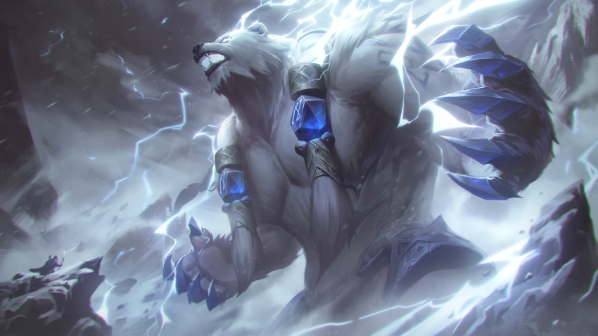 1boy 1other 24a_(ershisiai) absurdres bear_boy claws clouds fangs furry furry_male gem giant grey_sky highres league_of_legends male_focus mountain no_pupils outdoors runes sharp_teeth sky snowing solo_focus standing teeth thunder volibear