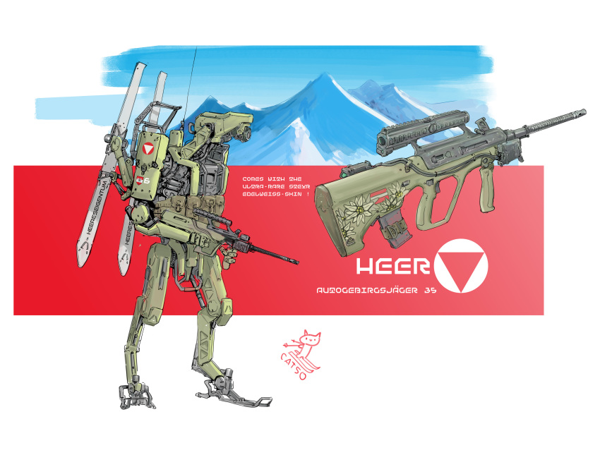 absurdres army assault_rifle austrian_army bullpup cable concept_art english_commentary english_text gun highres laser_sight machinery mecha mountain no_humans original patso_catso radio_antenna rifle robot roundel science_fiction scope signature sketch skiing snow steyr_aug weapon
