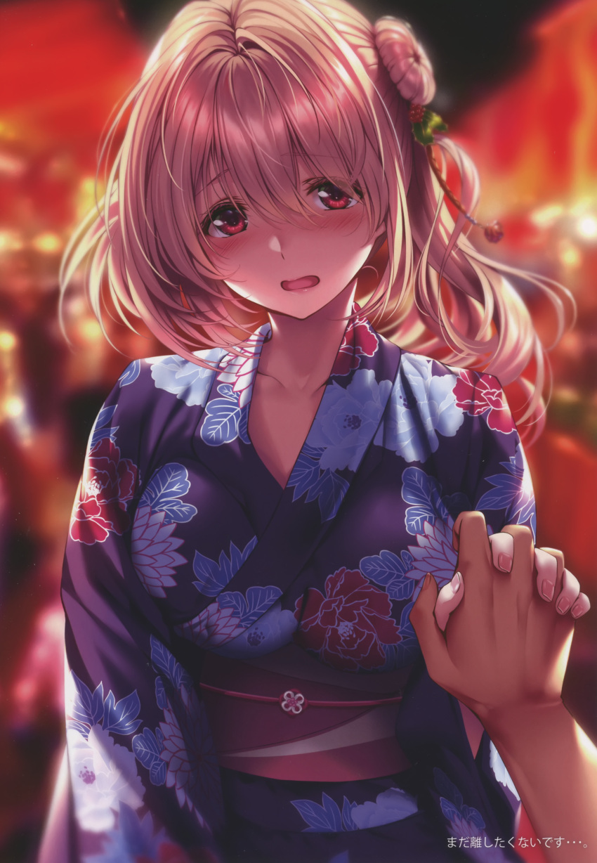 1girl absurdres blurry blurry_background blush breasts brown_eyes hair_ornament hand_up hanikami_kanojo highres hiiragi_sano interlocked_fingers japanese_clothes kimono light_brown_hair long_hair looking_at_viewer medium_breasts obi open_mouth piromizu sash scan simple_background upper_body