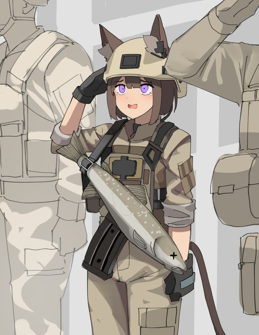 1girl absurdres animal_ear_fluff animal_ears arm_up black_gloves brown_hair brown_jacket brown_pants bulletproof_vest cargo_pants cat_ears cat_tail ears_through_headwear english_commentary fish furrowed_brow gar32 gloves helmet highres jacket long_sleeves open_mouth original pants people salute short_hair slingshot_(weapon) solo solo_focus standing tail tearing_up x_x