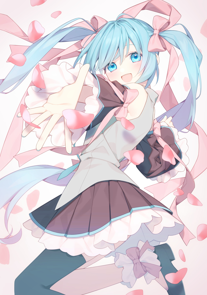 1girl :d absurdres black_skirt black_sleeves black_thighhighs blue_eyes blue_hair bow commentary detached_sleeves floating_hair hair_between_eyes hair_bow hatsune_miku highres layered_skirt leg_up long_hair long_sleeves looking_at_viewer miniskirt open_mouth outstretched_hand pink_bow pleated_skirt single_thighhigh skirt smile solo thigh-highs twintails very_long_hair vocaloid yachishi_orca