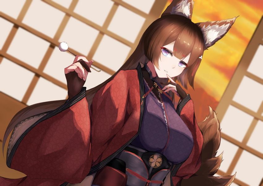 absurdres amagi_(azur_lane) animal_ear_fluff animal_ears azur_lane cotton_swab fox_ears fox_girl fox_tail hand_on_own_face hands_up highres hikimayu holding_cotton_swab indoors japanese_clothes kimono kitsune long_hair long_sleeves looking_at_viewer parted_bangs parted_lips purple_kimono rakuza_(ziware30) red_eyeliner red_kimono smile tail violet_eyes wide_sleeves