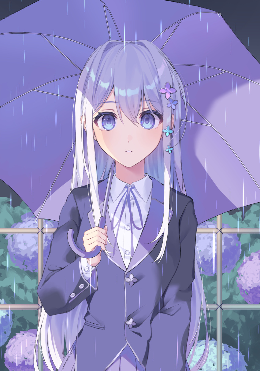 1girl absurdres blazer blue_eyes breasts bush buttons collared_shirt commentary_request fence floral_background flower hair_between_eyes hair_intakes hair_ornament hand_up highres holding holding_umbrella jacket kurobikari lapels long_hair looking_at_viewer neck_ribbon notched_lapels original outdoors parted_lips pleated_skirt pocket purple_flower purple_jacket purple_ribbon purple_skirt purple_theme rain ribbon school_uniform shirt skirt sleeve_cuffs sleeves_past_elbows small_breasts solo standing straight-on straight_hair umbrella upper_body very_long_hair white_hair white_shirt wing_collar
