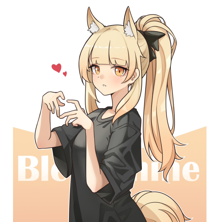1girl animal_ear_fluff animal_ears arknights black_bow black_shirt blemishine_(arknights) blonde_hair bow character_name extra_ears hair_bow hands_up heart heart_hands highres horse_ears horse_girl jiuyu_qame looking_at_viewer ponytail shirt short_sleeves simple_background solo t-shirt upper_body white_background yellow_eyes