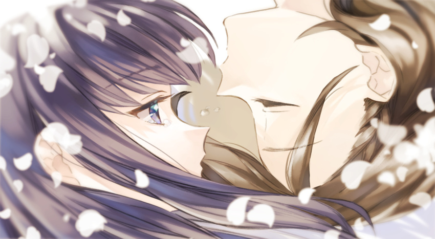 2girls blurry blurry_foreground braid braided_bangs brown_hair closed_eyes closed_mouth crying crying_with_eyes_open depth_of_field face-to-face facing_another falling_petals floating_hair flying_teardrops from_side hair_behind_ear highres long_hair looking_at_another minase_suzu multiple_girls petals portrait profile purple_hair short_hair shoujo_kageki_revue_starlight simple_background tareko tears tsuyuzaki_mahiru upside-down violet_eyes white_background