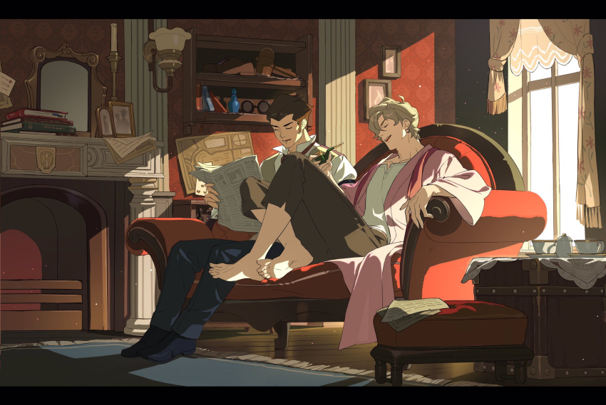 2boys ace_attorney barefoot black_footwear blonde_hair blue_pants book book_stack bookshelf brown_hair brown_pants candle closed_eyes collared_shirt commentary couch cup curtains fireplace full_body herlock_sholmes highres holding holding_newspaper indoors kitto_ha knees_up lamp long_sleeves male_focus map mirror multiple_boys newspaper on_couch pants paper picture_frame rug shelf shirt shoes short_hair sitting smile symbol-only_commentary teacup teapot the_great_ace_attorney vest white_shirt wide_sleeves window yujin_mikotoba