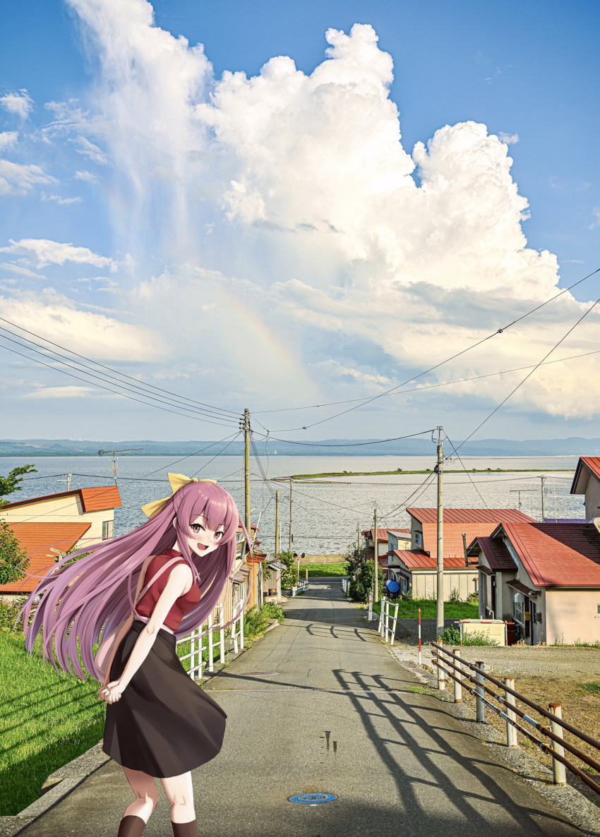 1girl alternate_costume arms_behind_back black_skirt black_socks blue_sky bow clouds day feet_out_of_frame hair_bow highres house ichikawa_feesu kamikaze_(kancolle) kantai_collection leaning_forward long_hair looking_at_viewer looking_back mountainous_horizon ocean outdoors photo_background purple_hair red_shirt road scenery shirt skirt sky sleeveless sleeveless_shirt socks solo violet_eyes yellow_bow