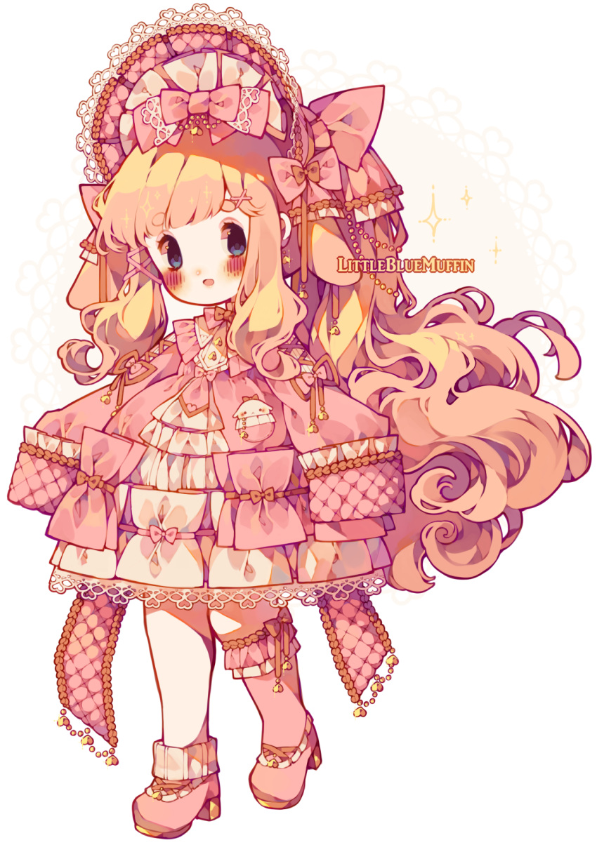 1girl animal_ears artist_name asymmetrical_legwear blonde_hair blue_eyes blush blush_stickers bonnet borrowed_character bow bow_legwear bow_skirt buttons chibi collar collared_dress cross-laced_footwear dress earrings english_commentary eyelashes floppy_ears frilled_bow frilled_collar frilled_dress frilled_sleeves frilled_socks frills gold_bow gold_ribbon hair_bow hair_ornament hair_ribbon hairclip heart heart_button heart_earrings high_heels highres jewelry kneehighs lace-trimmed_dress lace-trimmed_headwear lace_background lace_trim layered_dress littlebluemuffin lolita_fashion long_hair long_sleeves looking_at_viewer multiple_hair_bows open_mouth original painttool_sai_(medium) photoshop_(medium) pink_bow pink_dress pink_footwear pink_headwear pink_ribbon pink_socks rabbit_ears ribbon short_dress sidelocks single_kneehigh single_sock sleeve_ribbon sleeves_past_fingers sleeves_past_wrists smile socks sparkle striped striped_socks transparent_background two-tone_dress vertical-striped_socks vertical_stripes very_long_hair watermark wavy_hair white_dress white_socks x_hair_ornament