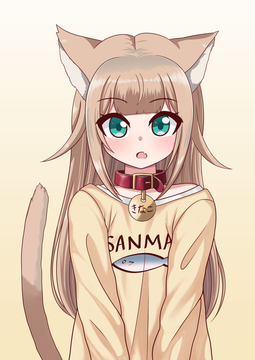 1girl 40hara :o absurdres animal_collar animal_ears blunt_bangs blush cat_ears cat_girl collar fang gradient_background green_eyes highres kinako_(40hara) long_hair looking_at_viewer original red_collar shirt skin_fang solo straight-on the_only_shoe upper_body white_background yellow_background yellow_shirt