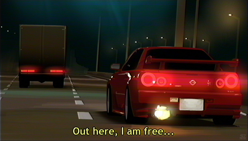 car english_commentary english_text from_behind glowing highres highway lamppost motor_vehicle nissan nissan_skyline nissan_skyline_gt-r nissan_skyline_r34 no_humans original outdoors spoiler_(automobile) subtitled tail_lights truck vee_(427deer) vehicle_focus