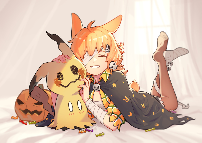 1girl absurdres animal_ears arknights bandage_over_one_eye bandaged_arm bandaged_foot bandages barefoot black_cape blonde_hair cape closed_eyes feet fingernails full_body hair_ornament highres jack-o'-lantern jacket kroos_(arknights) kroos_(the_mag)_(arknights) lying medium_hair mimikyu nail_polish no_shoes official_alternate_costume on_stomach one_eye_covered open_clothes open_jacket petting pokemon pokemon_(creature) rabbit_ears rabbit_girl rabbit_tail rongyuanfeida sarashi skull_hair_ornament smile soles tail toes yellow_jacket yellow_nails