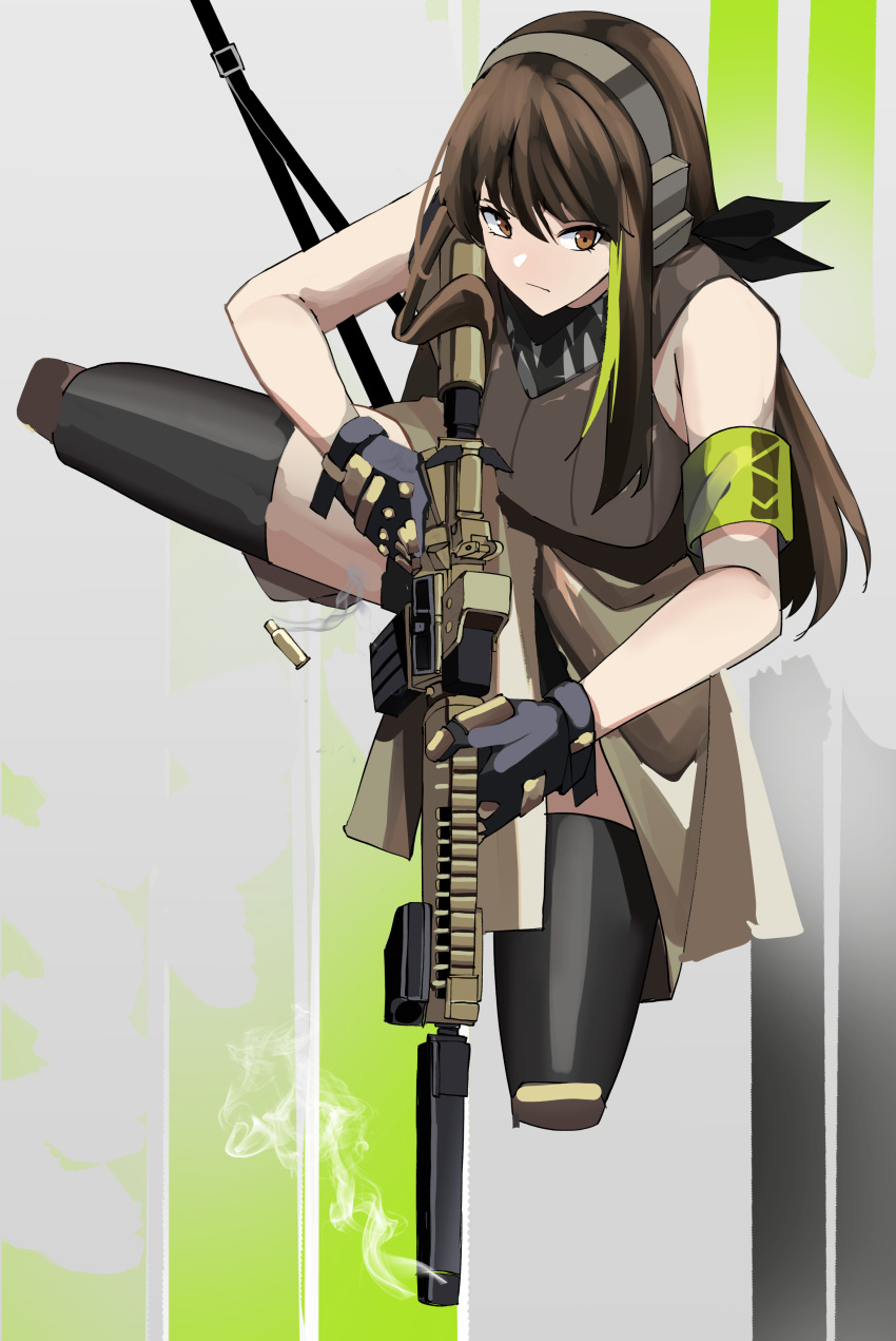 1girl absurdres assault_rifle brown_eyes brown_hair call_of_duty call_of_duty:_modern_warfare_2 casing_ejection gar32 girls_frontline gloves green_hair gun highres holding jacket long_hair m4_carbine m4a1_(girls'_frontline) mask multicolored_hair parody rifle shell_casing skull_mask solo streaked_hair tagme weapon