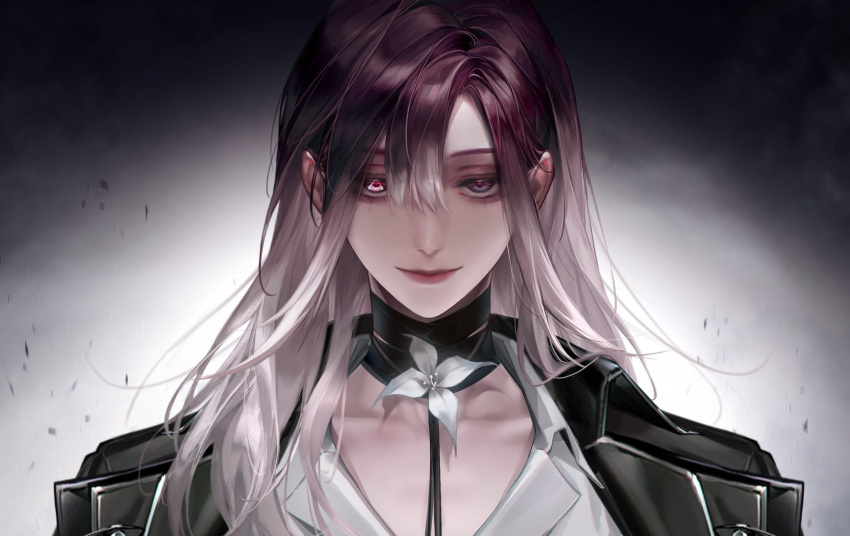 1girl black_jacket closed_mouth collarbone flower gradient_background grey_eyes heterochromia highres jacket long_hair looking_at_viewer multicolored_hair official_art path_to_nowhere purple_hair shalom_(path_to_nowhere) shirt smile solo streaked_hair upper_body violet_eyes white_flower white_hair white_shirt