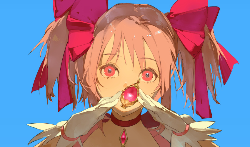 1girl blue_background bow choker commentary facing_viewer gloves hair_bow hands_up highres holding kaname_madoka magical_girl mahou_shoujo_madoka_magica mahou_shoujo_madoka_magica_(anime) pink_eyes pink_hair portrait red_bow red_ribbon ribbon ribbon_choker short_hair short_twintails shru_(ss_sl99) simple_background solo soul_gem twintails white_gloves