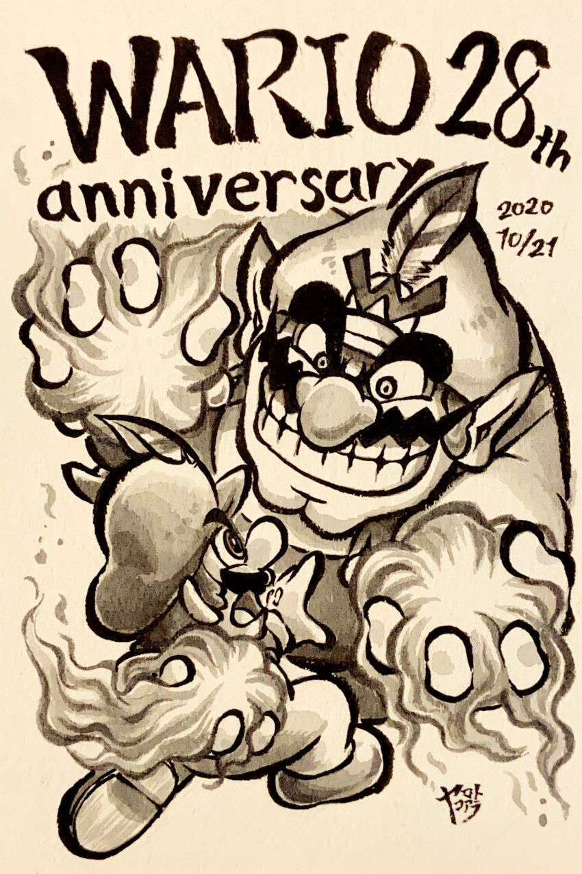 2boys anniversary big_nose buttons cabbie_hat commentary_request dated double_chin english_text facial_hair fighting fire frown gloves greyscale hat hat_feather highres ink_(medium) long_sleeves looking_at_another mario monochrome multiple_boys muscular muscular_male mustache open_mouth overalls pointy_ears pyrokinesis shoes short_hair signature smile super_mario_bros. teeth thick_eyebrows traditional_media v-shaped_eyebrows wario yamato_koara