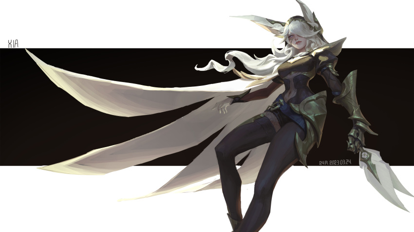 1girl 24a_(ershisiai) absurdres animal_ears armor black_thighhighs breasts broken_covenant_xayah cape closed_mouth gauntlets hair_over_one_eye highres holding holding_weapon hood hood_up league_of_legends long_hair looking_at_viewer medium_breasts navel shoulder_armor shoulder_cape smile solo thigh-highs weapon white_background white_cape white_hair xayah