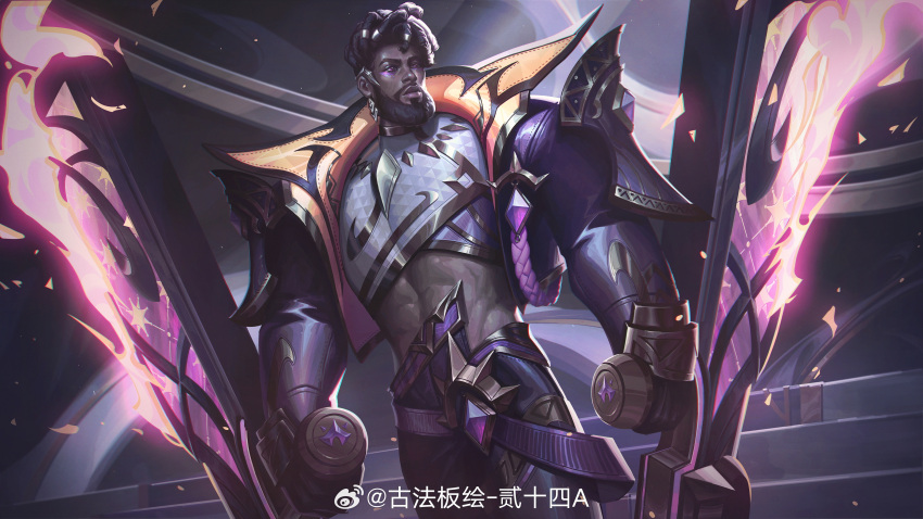 1boy 24a_(ershisiai) absurdres black_gloves black_hair black_pants cowboy_shot dark-skinned_male dark_skin dreadlocks earrings flaming_weapon gloves highres holding holding_weapon jewelry k'sante_(league_of_legends) league_of_legends long_sleeves looking_to_the_side male_focus muscular muscular_male official_alternate_costume pants prestige_empyrean_k'sante shiny_skin solo stairs standing weapon