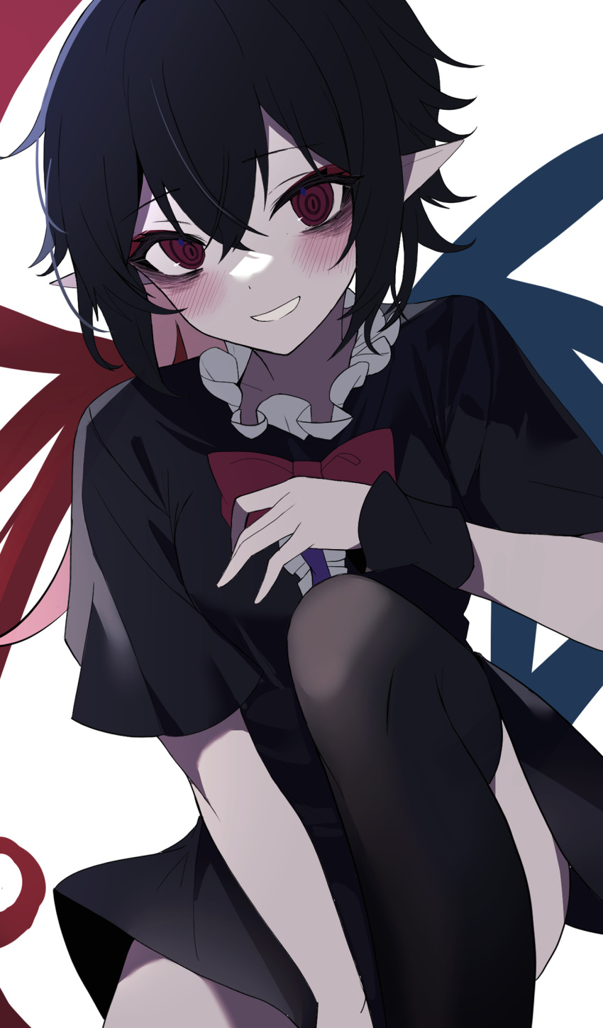 1girl asymmetrical_wings black_dress black_hair black_thighhighs blue_wings blush bow bowtie breasts center_frills commentary crossed_bangs dress feet_out_of_frame frilled_dress frills grin hair_between_eyes highres houjuu_nue long_bangs looking_at_viewer one-hour_drawing_challenge pointy_ears red_bow red_bowtie red_eyes red_wings ringed_eyes short_dress short_hair short_sleeves simple_background small_breasts smile solo thigh-highs touhou usuuuv white_background wings wristband