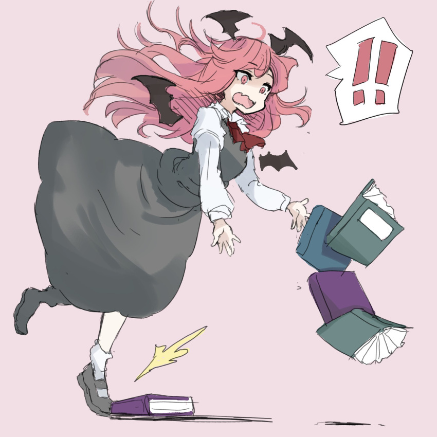 ! !! 1girl ascot bat_wings bifidus_(exkagerou8665) black_dress black_footwear book collared_shirt dress full_body head_wings highres koakuma long_hair long_sleeves multiple_wings one-hour_drawing_challenge open_mouth red_ascot red_eyes redhead shirt simple_background socks solo spoken_exclamation_mark touhou tripping white_shirt white_socks wings