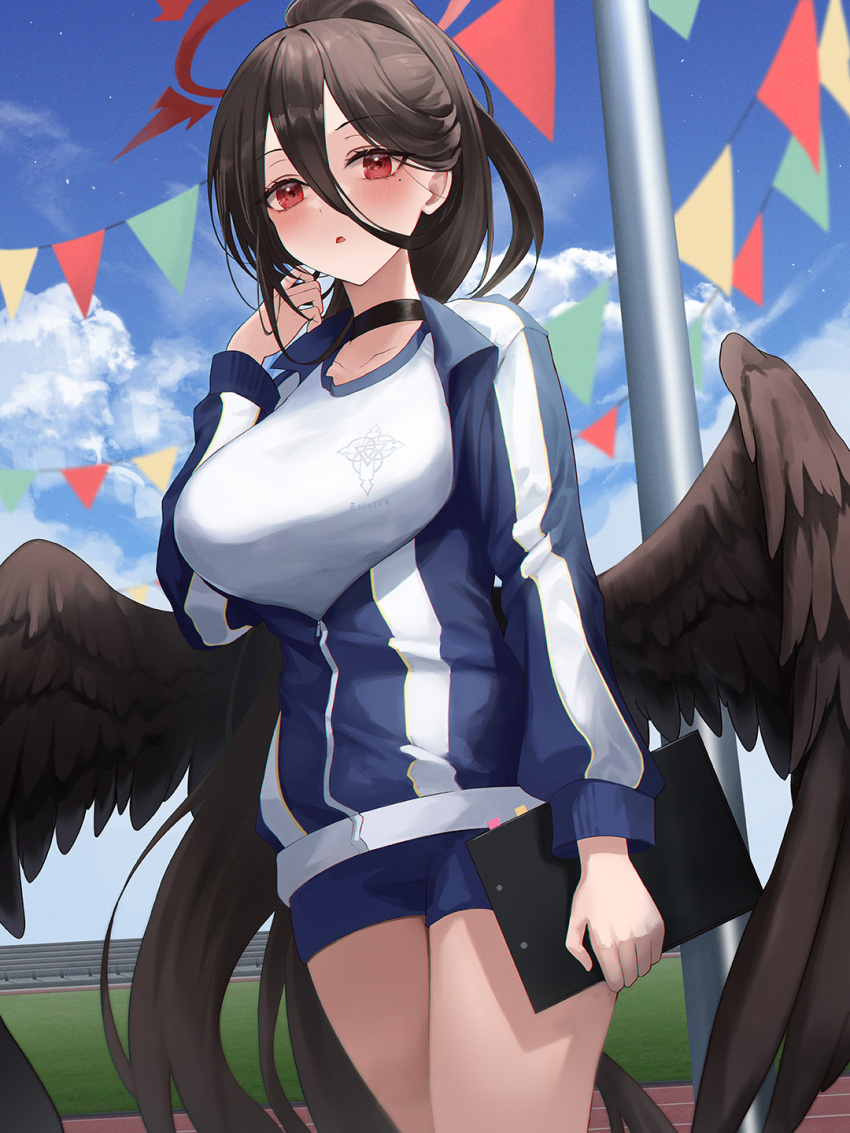 1girl adjusting_hair black_hair black_wings blue_archive blue_sky clipboard clouds cloudy_sky commentary_request feathered_wings flag gym_shirt gym_shorts gym_uniform hair_between_eyes halo hasumi_(blue_archive) hasumi_(track)_(blue_archive) heeri highres holding holding_clipboard jacket large_wings long_bangs long_hair long_sleeves looking_at_viewer mole mole_under_eye multicolored_clothes multicolored_jacket official_alternate_costume official_alternate_hairstyle outdoors parted_lips ponytail red_eyes shirt short_shorts shorts sidelocks sky solo stadium track_jacket two-tone_jacket white_shirt wings