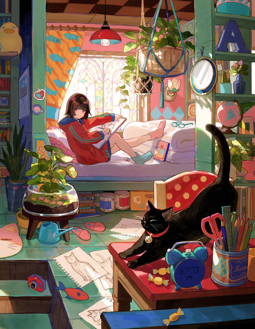 1girl alarm_clock asymmetrical_legwear basket black_cat book brown_hair c: candy cat clock curtains day food fuzichoco hanging_light hanging_plant highres holding holding_pencil hood hood_down hoodie indoors light_bulb long_sleeves looking_at_viewer mismatched_legwear mismatched_socks original paper pencil pillow plant potted_plant red_eyes red_hoodie scissors short_hair sitting smile table watering_can window