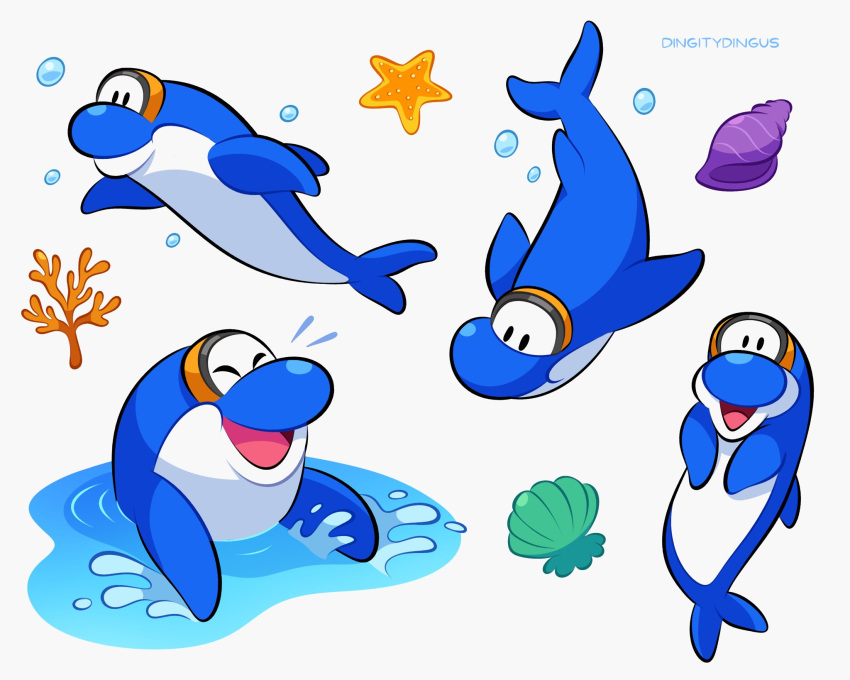 animal artist_name closed_eyes coral dolphin goggles goggles_on_head highres multiple_views no_humans open_mouth shell simple_background starfish super_mario_bros. vinny_(dingitydingus) water white_background