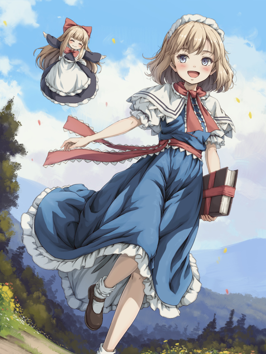 1girl alice_margatroid blonde_hair blue_dress blue_eyes blush book brown_footwear capelet day dress grimoire_of_alice hairband highres holding holding_book kinoniku open_mouth outdoors shanghai_doll shoes short_hair short_sleeves smile socks solo touhou white_capelet white_socks