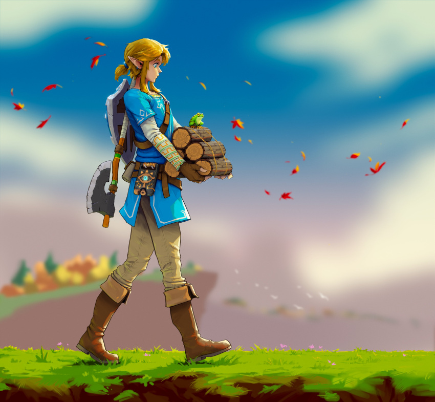 1boy absurdres axe blonde_hair blue_eyes boots brown_footwear brown_gloves carrying frog gloves grass highres holding jak_(jaksinart) leaf link log long_sleeves male_focus outdoors pants pointy_ears shield shield_on_back shirt solo the_legend_of_zelda the_legend_of_zelda:_breath_of_the_wild walking weapon weapon_on_back