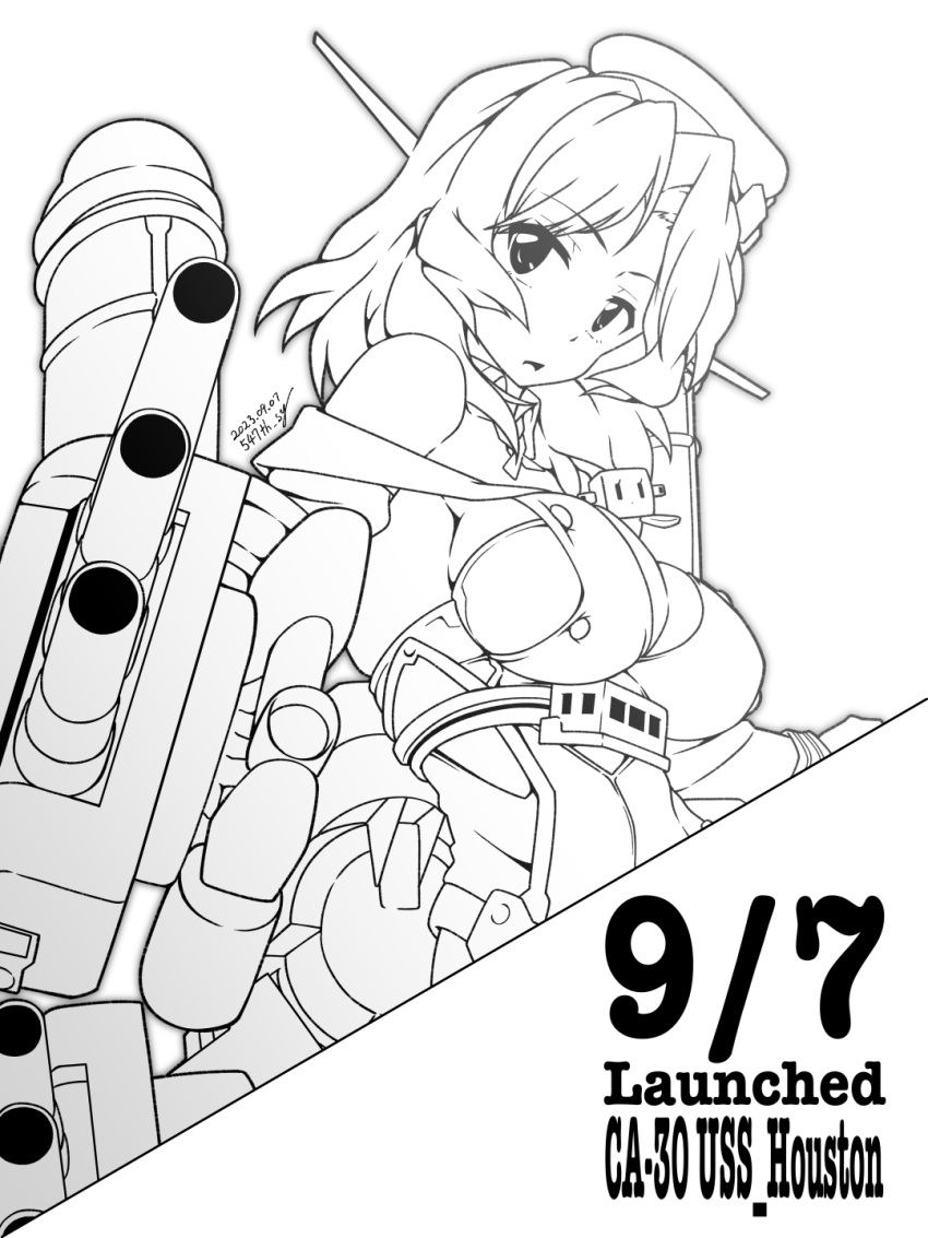 1girl 547th_sy breasts cannon character_name creature headgear highres houston_(kancolle) kantai_collection large_breasts lineart looking_at_viewer machinery medium_hair military_uniform monochrome smokestack turret uniform upper_body