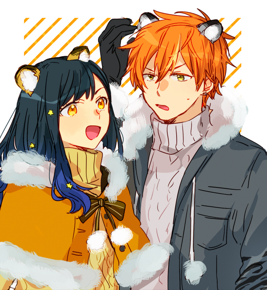 1boy 1girl animal_ears arm_up black_gloves black_hair blonde_hair blue_hair buttons commentary_request earrings gloves gradient_hair green_eyes hair_between_eyes hair_ornament highres hinata_(ryohinata) jewelry long_hair looking_at_another multicolored_hair open_mouth orange_eyes orange_hair orange_sweater partial_commentary pom_pom_(clothes) project_sekai shinonome_akito shiraishi_an short_hair star_(symbol) star_hair_ornament streaked_hair stud_earrings sweater tiger_ears turtleneck turtleneck_sweater two-tone_hair upper_body
