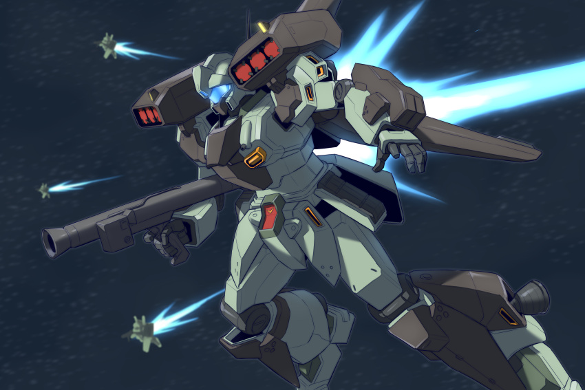 assault_visor bazooka_(gundam) commentary_request exhaust flying gundam gundam_unicorn highres holding holding_weapon mecha missile_pod mobile_suit no_humans open_hand outstretched_arm partial_commentary radio_antenna robot science_fiction siratori_(yy_203) solo_focus space stark_jegan thrusters weapon