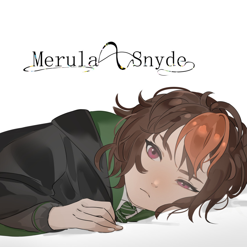 1girl absurdres brown_hair character_name closed_mouth commentary_request fingernails green_necktie harry_potter:_hogwarts_mystery harry_potter_(series) highres hogwarts_school_uniform long_sleeves looking_at_viewer lying merula_snyde multicolored_hair mushoku necktie orange_hair school_uniform short_hair simple_background slytherin solo streaked_hair two-tone_hair uniform violet_eyes white_background wizarding_world