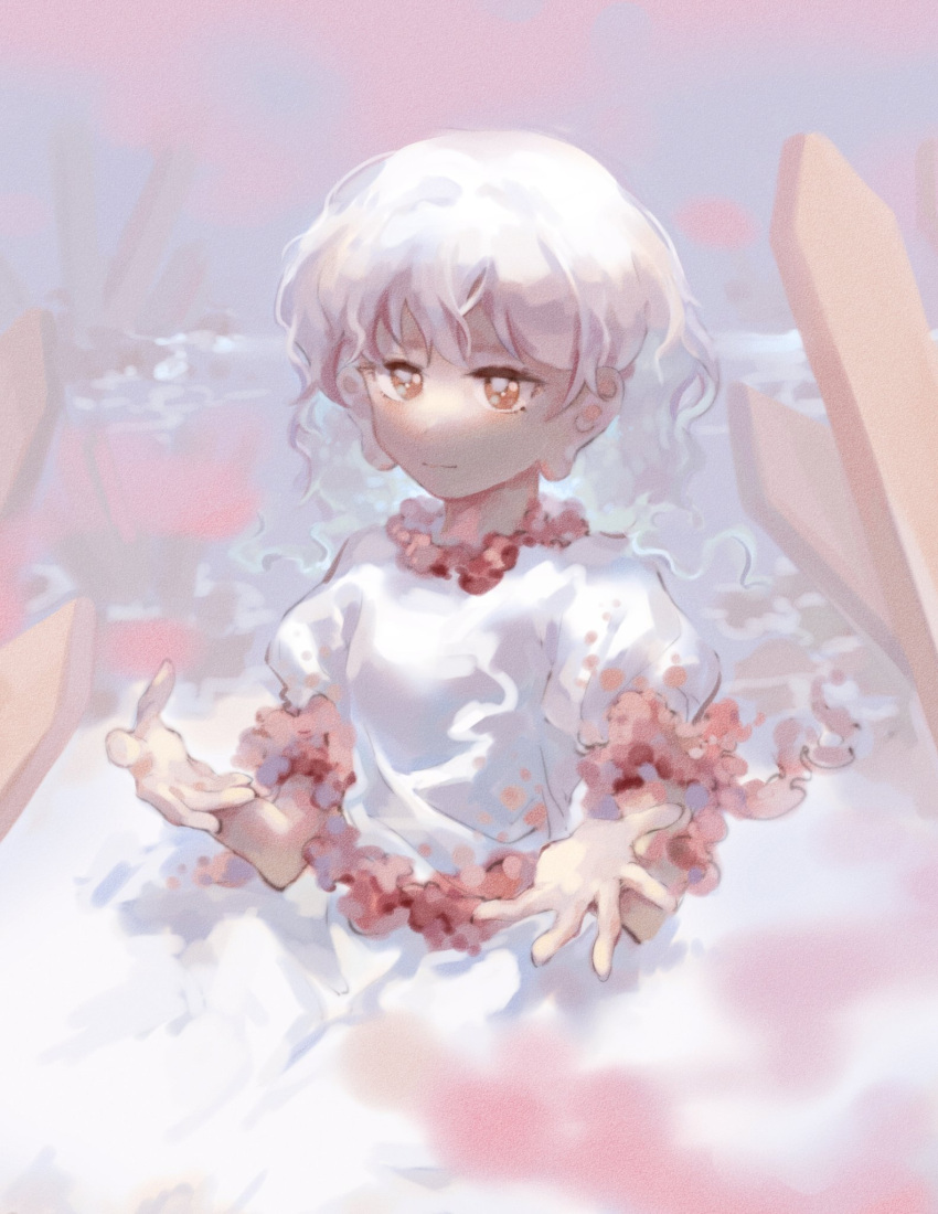 1girl badai brown_eyes closed_mouth commentary_request ebisu_eika highres outdoors outstretched_arms partially_submerged puffy_short_sleeves puffy_sleeves red_trim shirt short_hair short_sleeves smile touhou upper_body wavy_hair white_hair white_shirt