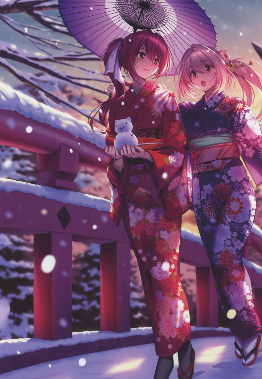 2girls absurdres branch bridge floral_print full_body gradient_sky hair_ornament hanikami_kanojo highres hiiragi_sano holding japanese_clothes kimono long_hair long_sleeves multiple_girls oil-paper_umbrella open_mouth outdoors piromizu ponytail sandals scan simple_background sky snow snowing snowman tabi tree umbrella wide_sleeves