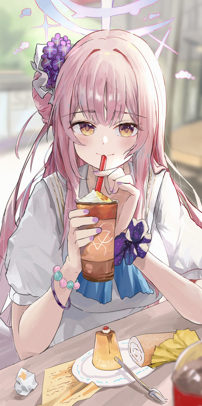 1girl absurdres blue_archive blurry blurry_background blush bracelet breasts cake cup dress drinking_straw food hair_bun halo highres holding holding_cup jewelry jsscj long_hair looking_at_viewer medium_breasts mika_(blue_archive) pink_hair pudding scrunchie single_side_bun smile solo swiss_roll very_long_hair white_dress wrist_scrunchie yellow_eyes