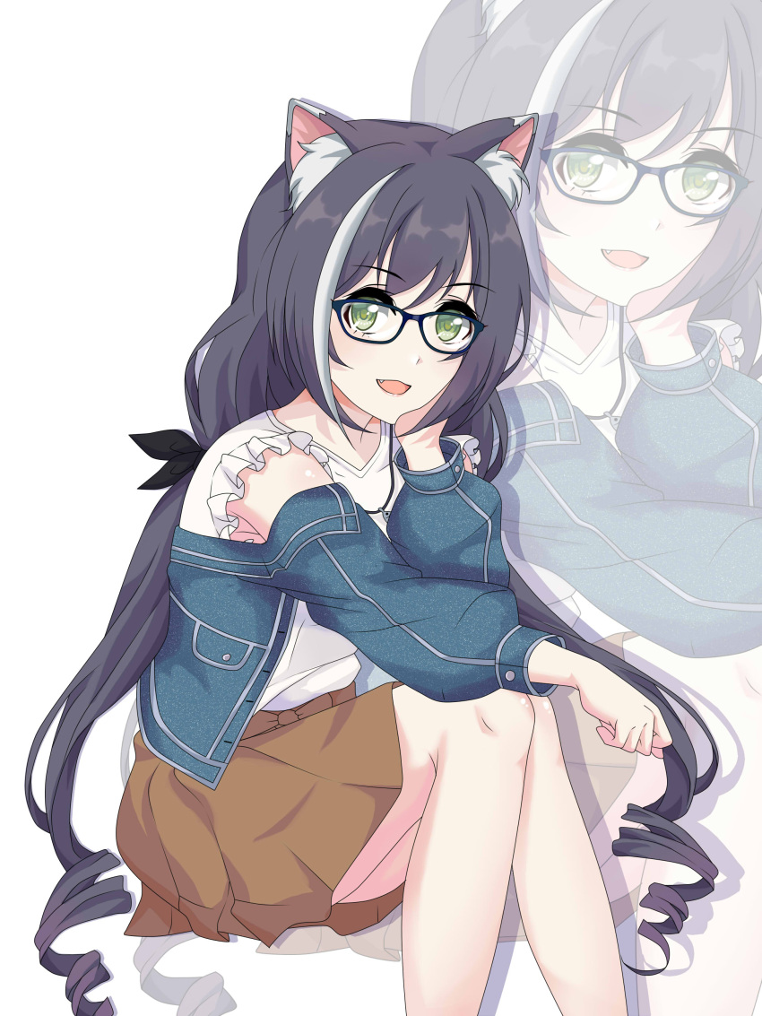 1girl :d absurdres animal_ear_fluff animal_ears black_hair blue_vest brown_skirt cat_ears fang glasses green_eyes head_rest highres invisible_chair karyl_(princess_connect!) long_hair long_sleeves looking_at_viewer maxwelzy miniskirt multicolored_hair open_clothes open_mouth open_vest pleated_skirt princess_connect! shirt sitting skirt smile solo streaked_hair very_long_hair vest white_shirt
